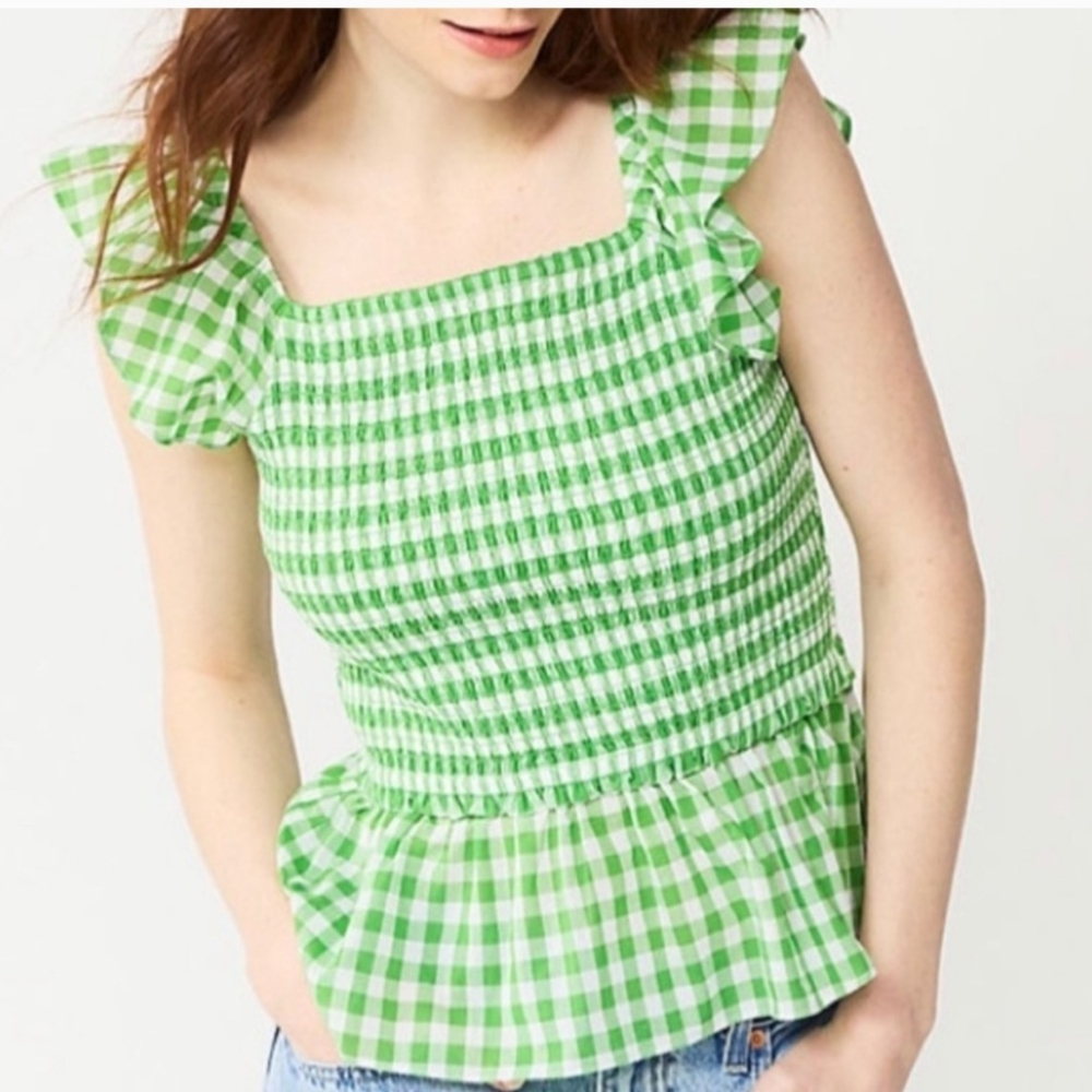 Draper James Green Gingham Ruffle Top